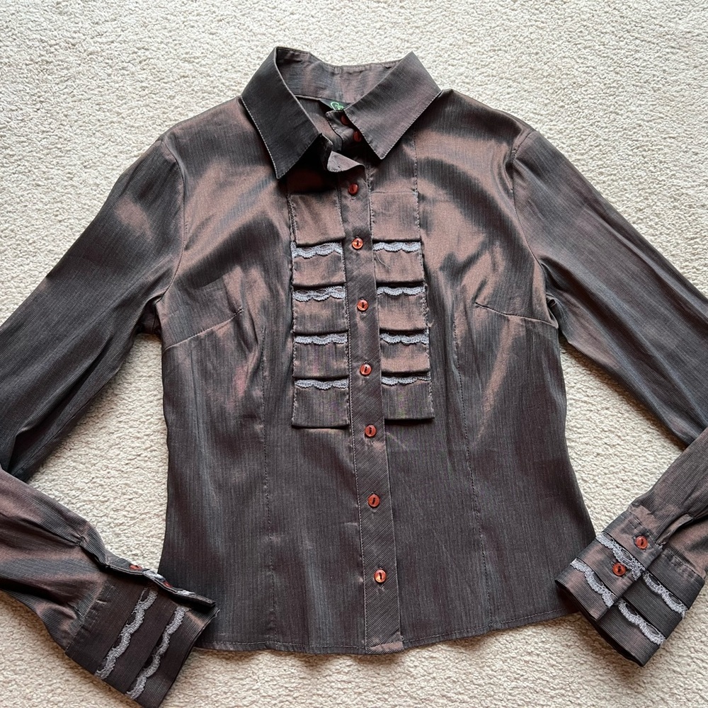 Green & Country Brown Metallic Top Blouse Stripe Button Down Shirt Long Sleeve S